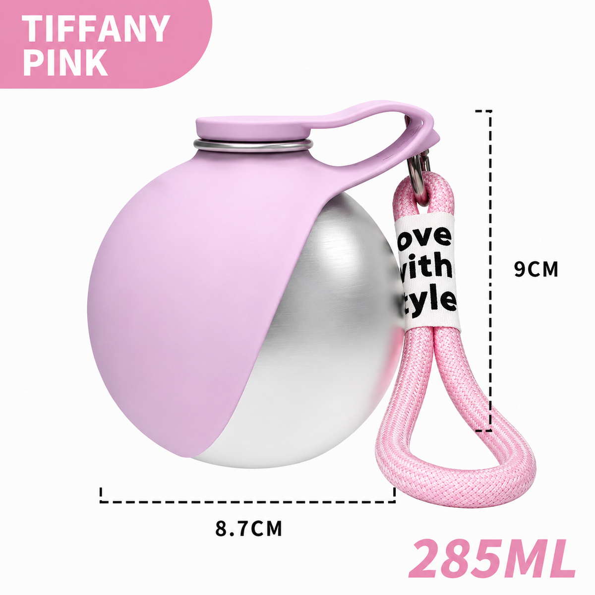 2 in 1 pet travel water bottle in Tiffany Pink color, 285ML capacity, designed for pets on the go.