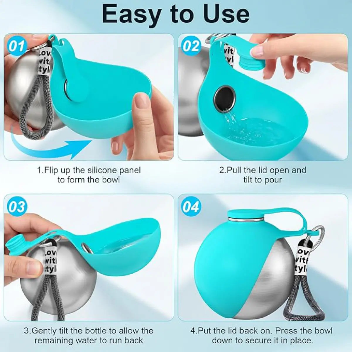 Instructions for using the 2 in 1 pet travel water bottle with fold-out bowl.