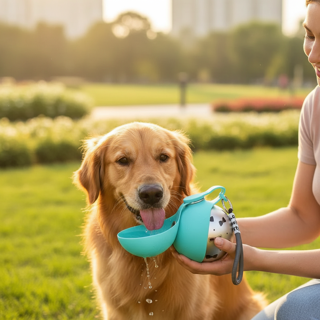 A person using a 2 in 1 pet travel water bottle to hydrate a golden retriever in a sunny park.